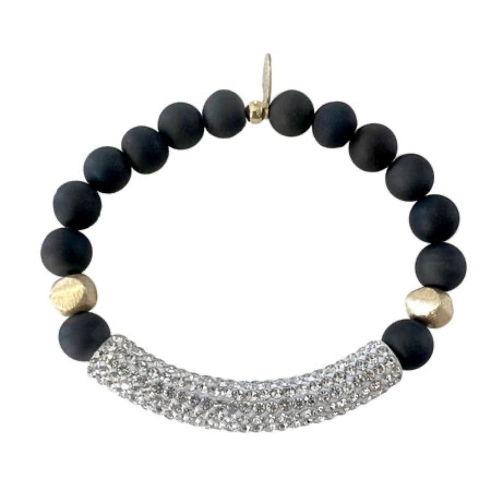 Stretch Bracelet Black Druzy Stone Beads & Crystal Rhinestone Bar NEW
